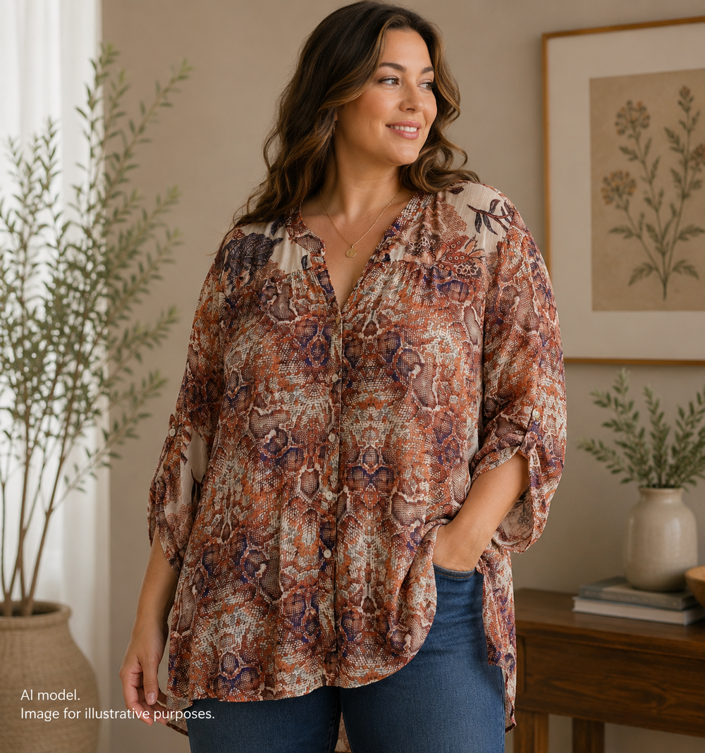 Anthropologie Fig Flower Shirt Women 2X Tan Floral Flowy Semi Sheer Boho TAGS
